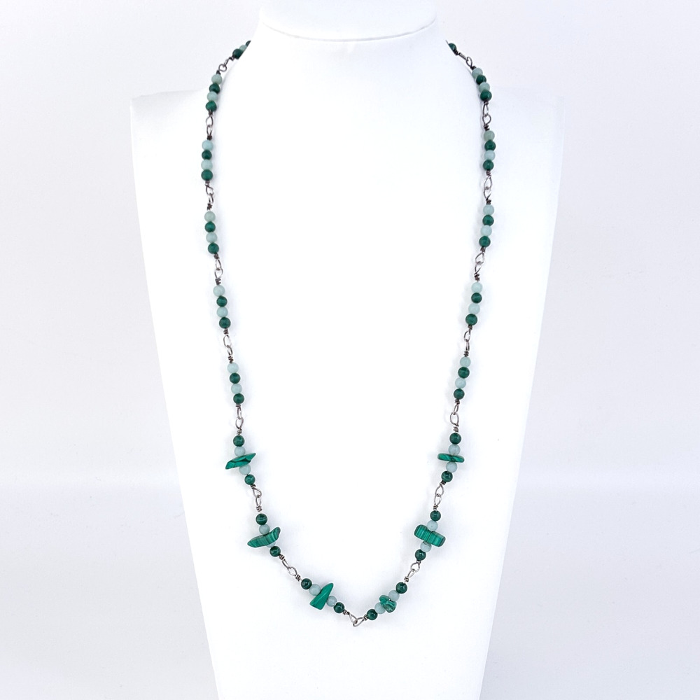 Vintage Sterling Silver 925 Malachite Amazonite Bead Necklace 22.5”